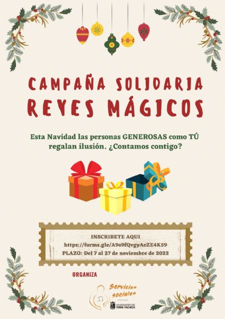 Esta Navidad los Servicios Sociales se llenan de ilusión: ´Reyes Mágicos´, la Campaña Solidaria 2022 que pone en marcha el Ayuntamiento de Torre Pacheco