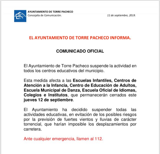 Se suspenden las clases el jueves 12 de septiembre en Torre Pacheco