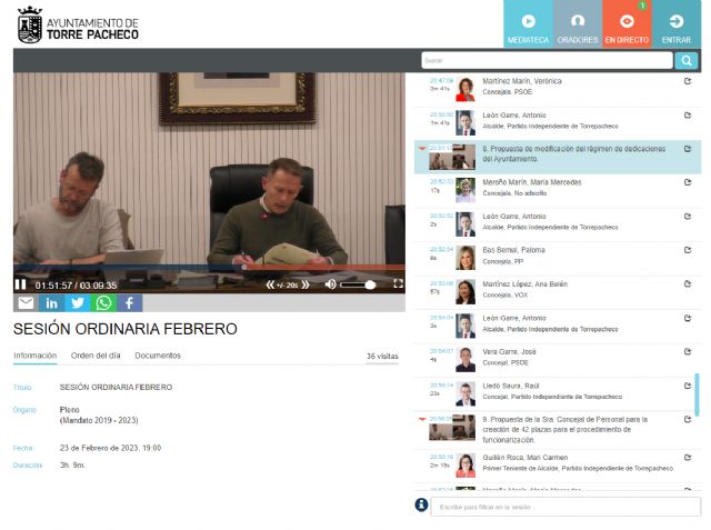 El Ayuntamiento de Torre Pacheco celebra su primer Pleno vía Streaming